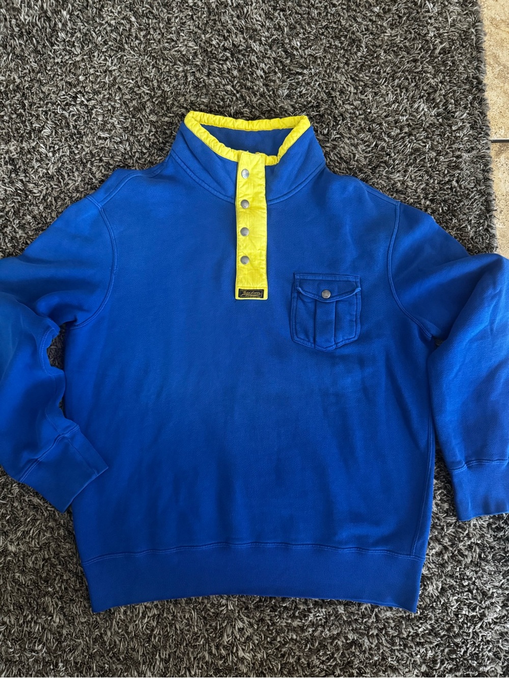 Ralph Lauren Blue Crewneck Sweatshirt with Yellow Snap Placket
